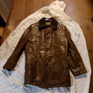 Mens vtg Lakeland Rancher leather overcoat faux fur lined and collar mens 42